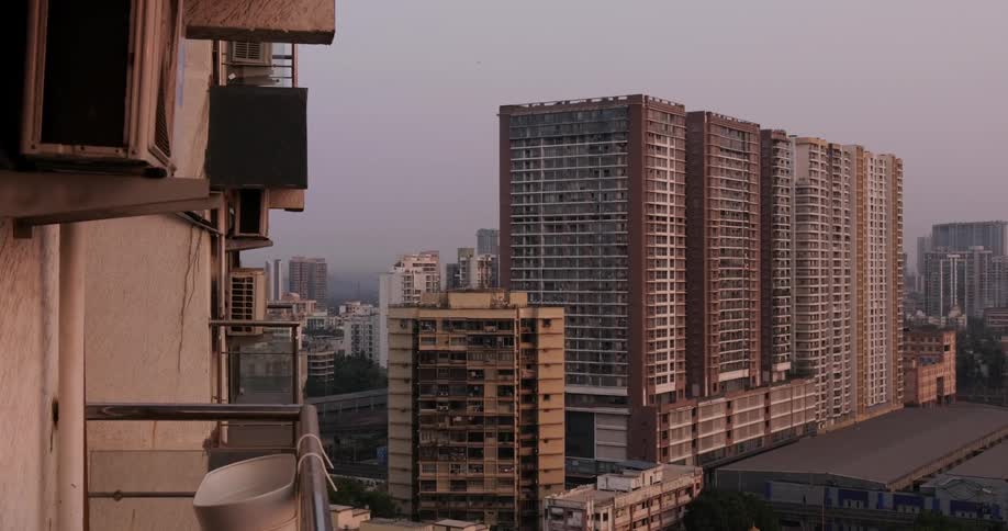 Dilapidated buildings fill a city skyline