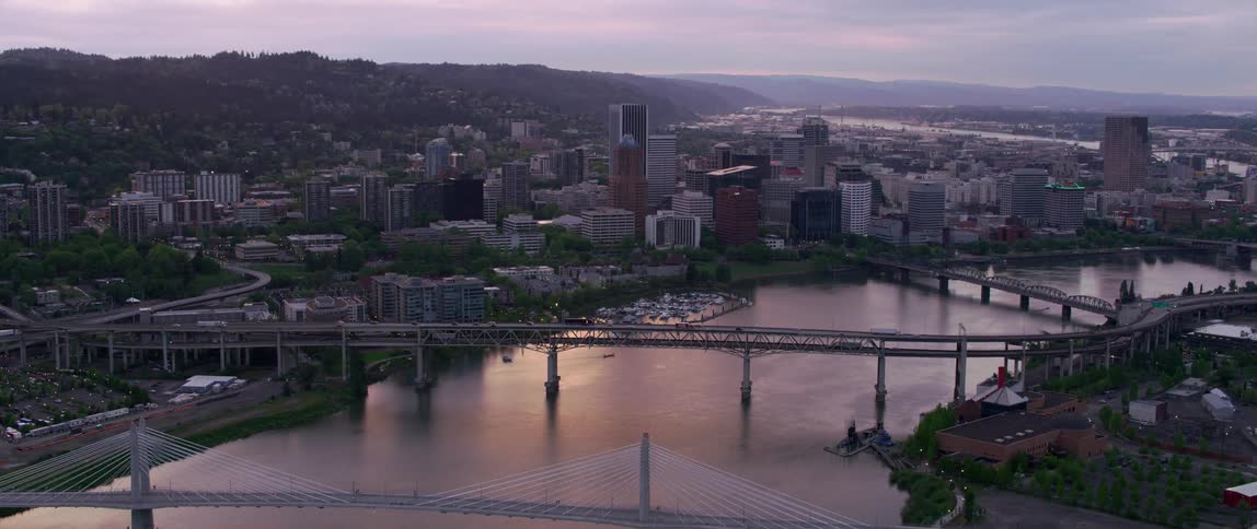 A bridge runs over a river near downtown