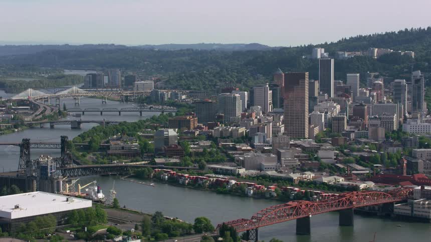 Aerial view of bridges over river and buildings in the city