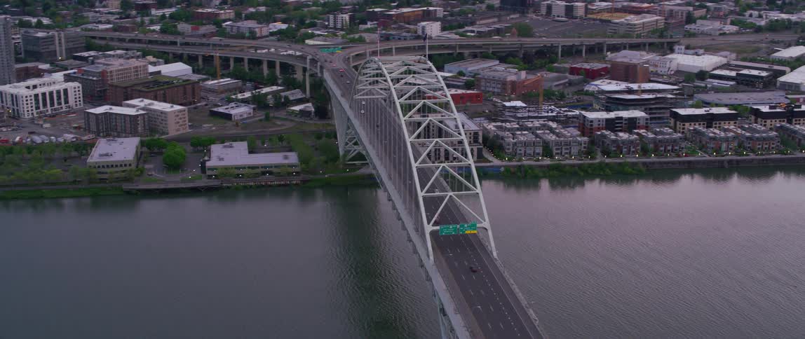 Aerial view of tied arch bridge in portland oregon