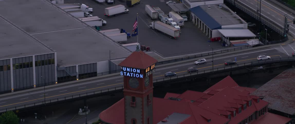 The union station tower with bright neon signs