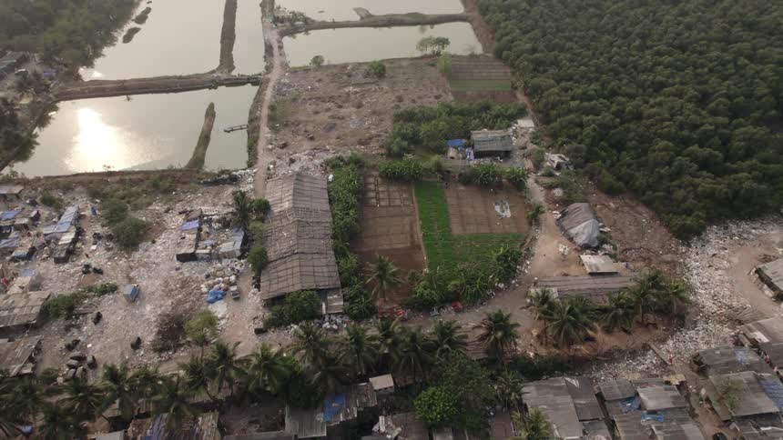 An aerial view of a slum connected to a rice field next to a river