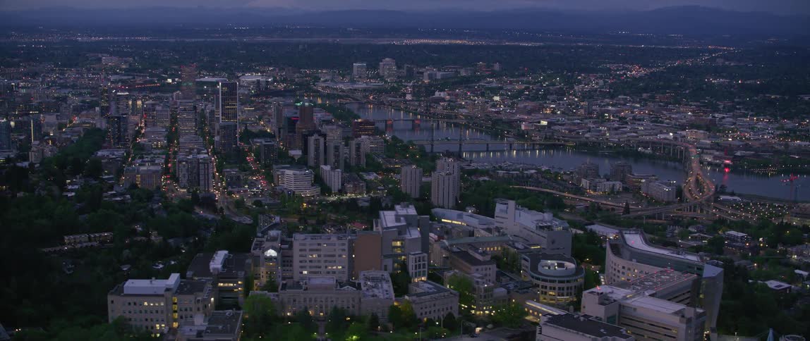 Traffic drives through a dense city at night