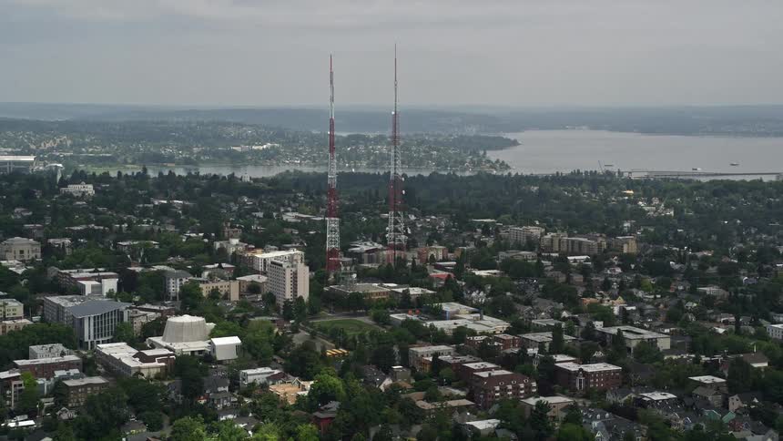 Aerial footage of Capitol Hill Towers radio towers on a cloudy day in Seattle Washington