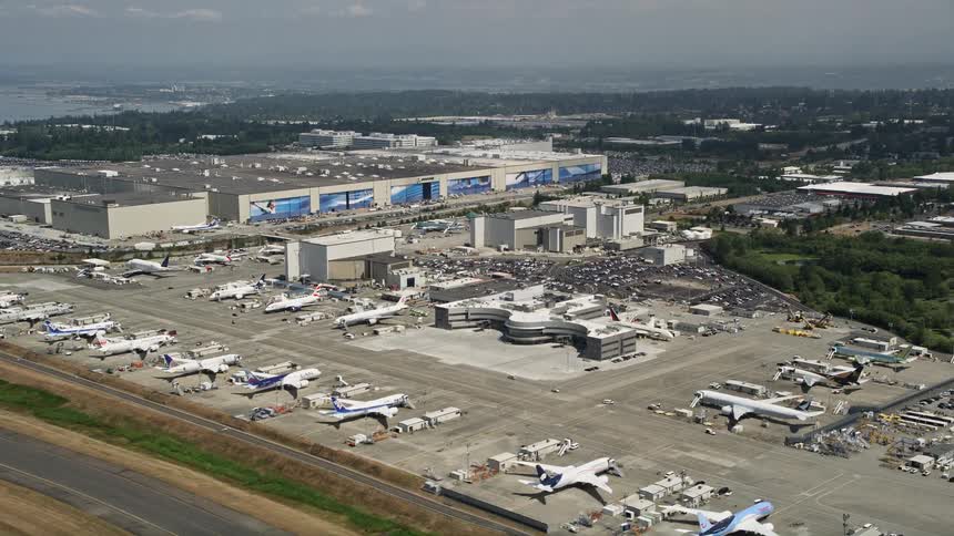 Aerial view of rows of airliners at Paine Field airport outside Boeing Everett Factory in Snohomish County Washington