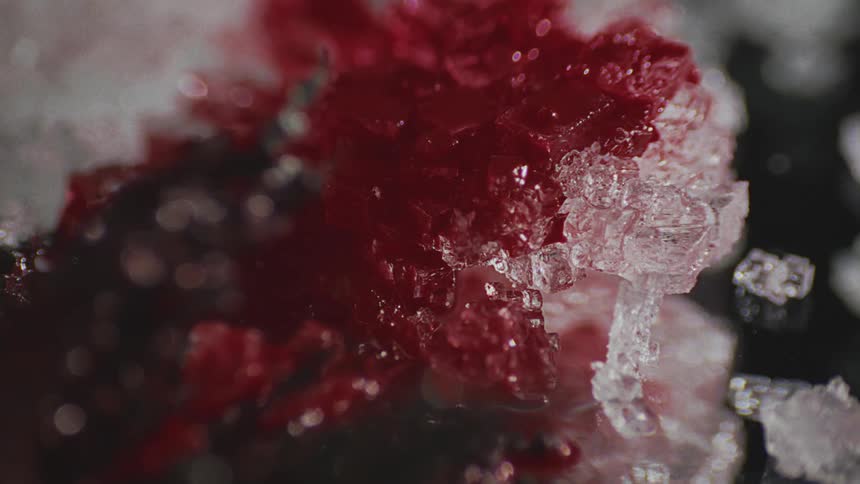 Blood falls onto and stains white and black rock crystals