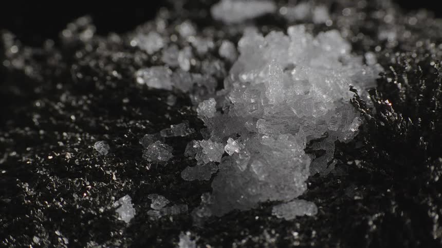 White crystal sits on rough black textured surface with portion that is mass of tendrils