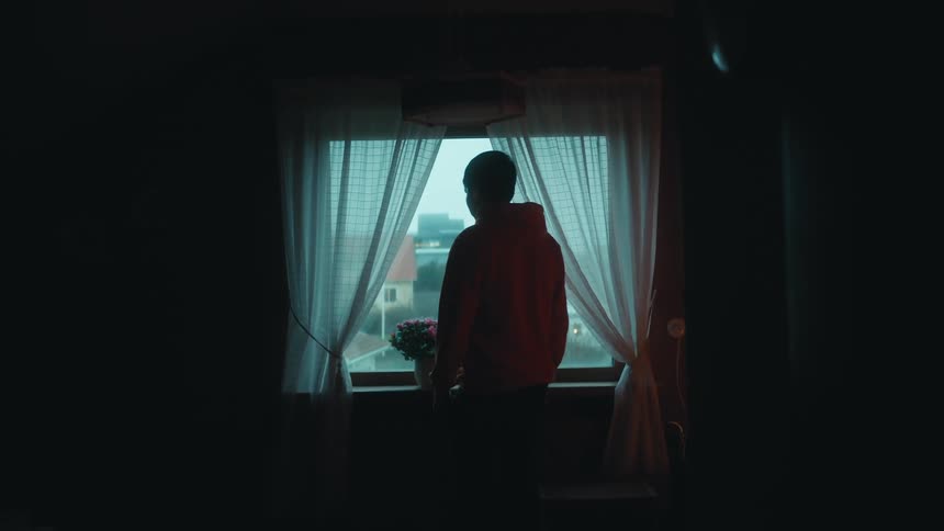 A young man in a red hoody approaches a window with flower pot and looks out the window at the cold and gray sky