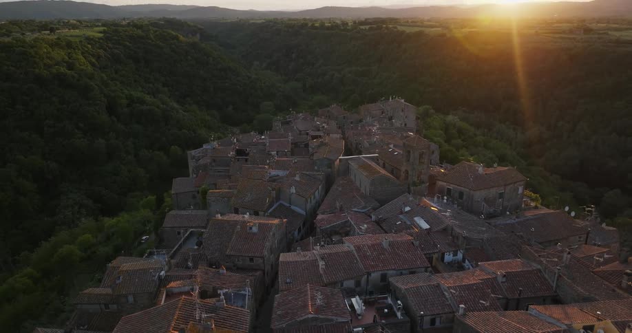 Homes sit close together in the valley of a canyon