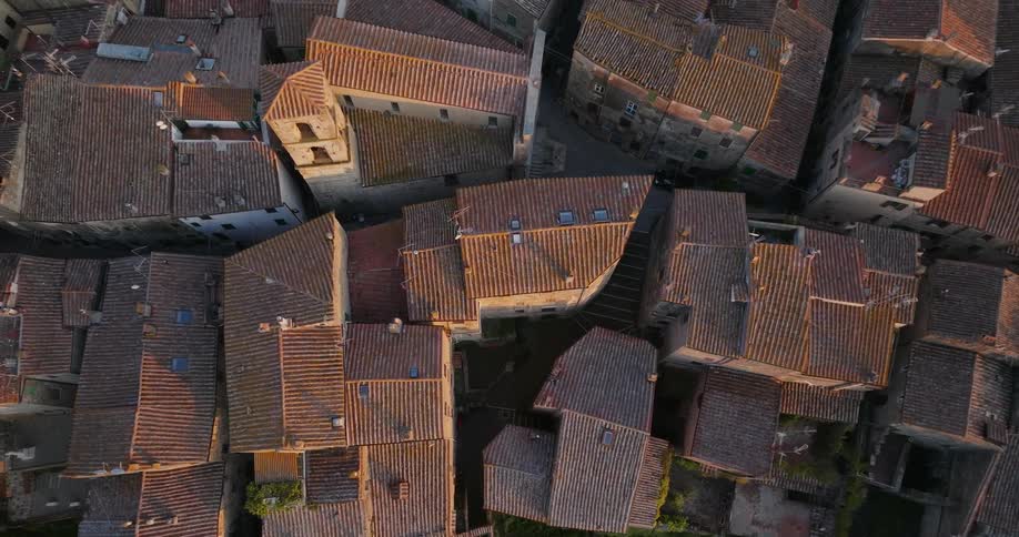 Aerial shot of the rooftop of houses and buildings