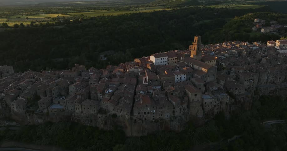 Historic buildings crowd together on hill surrounded by forest on sunny day