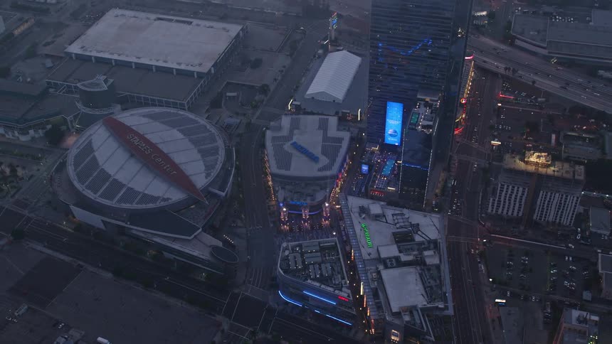 A birds eye view of the Staples Center and Nokia Theater in Downtown Los Angeles during twilight