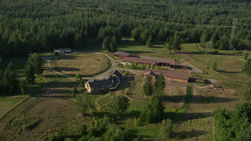 Aerial footage of a tranquil countryside with quaint houses nestled near a forest in Carnation Washington