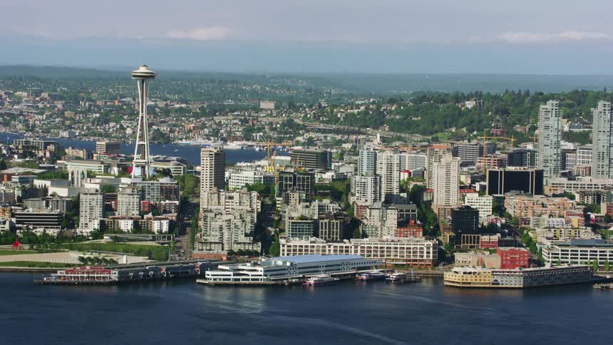 Aerial view of downtown skyline of the seaport city