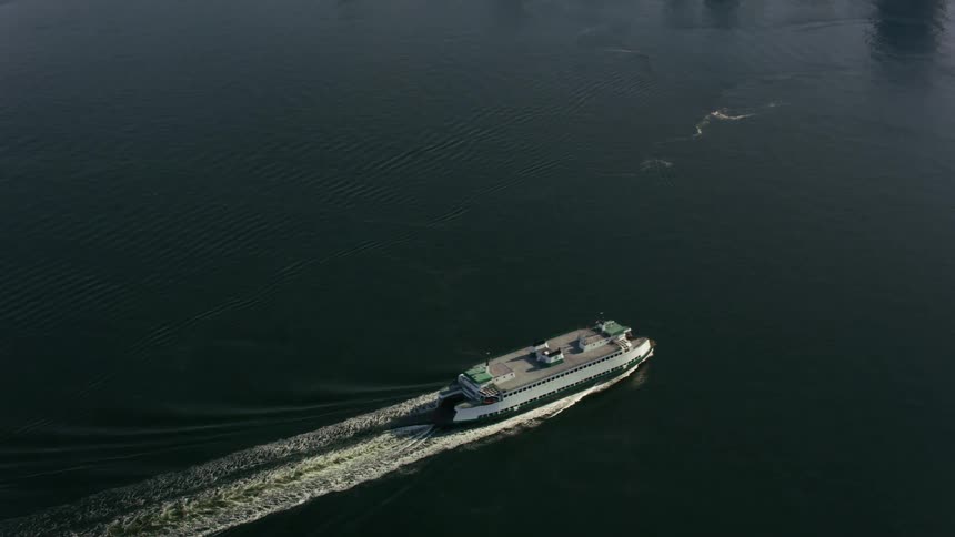 Aerial view of ferryboat making its way towards the bustling cityscape