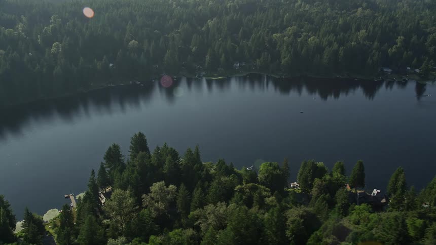 Aerial footage of tree-lined Ames Lake showcasing lakefront homes and the beautiful residential neighborhood in King County Washington on a sunny day