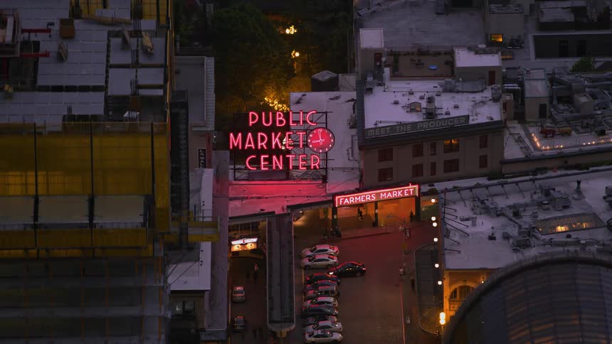Aerial view of public market center and high rise buildings in the city