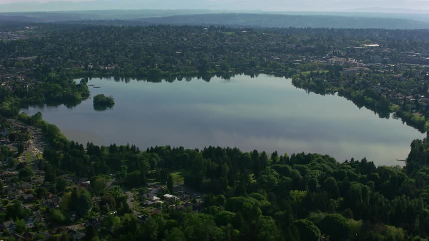 An aerial orbiting around a lake in the middle of a rural area covered in trees