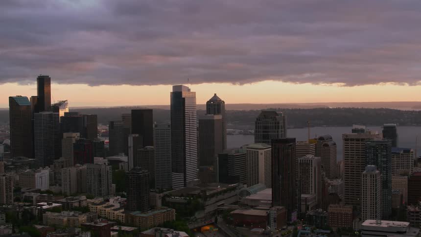 A city along the coast is lined with skyscrapers