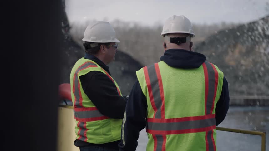 Two workers stand by the water talking