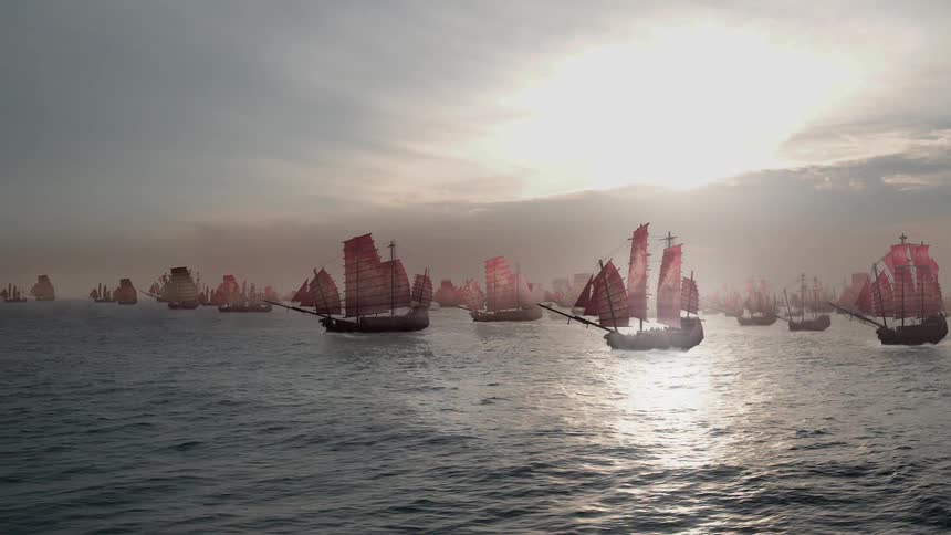 A fleet of oriental ships is sailing