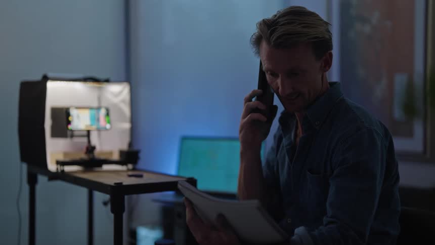 A man is sitting near a table as his cell phone records movement inside a machine and he is holding a book as he talks on another telephone