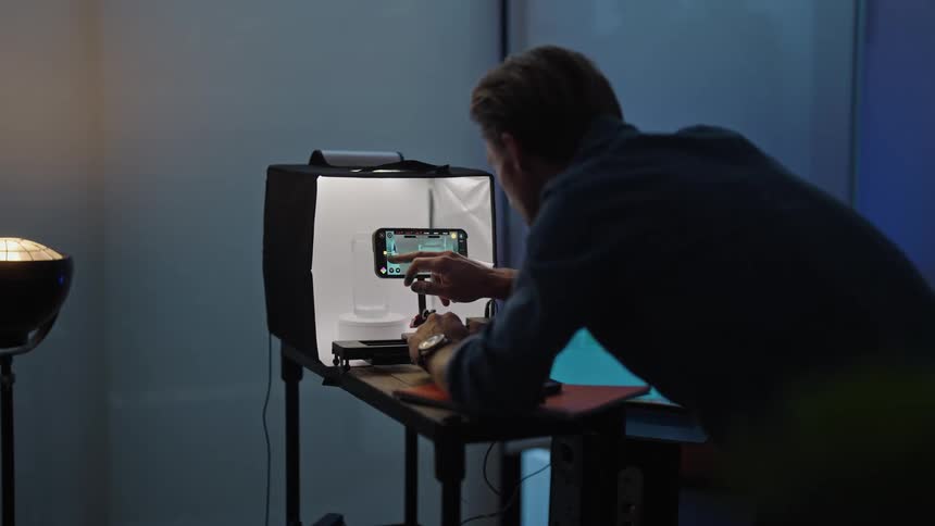 A man adjusting smart phone settings so he can use it as a camera on a phone stand