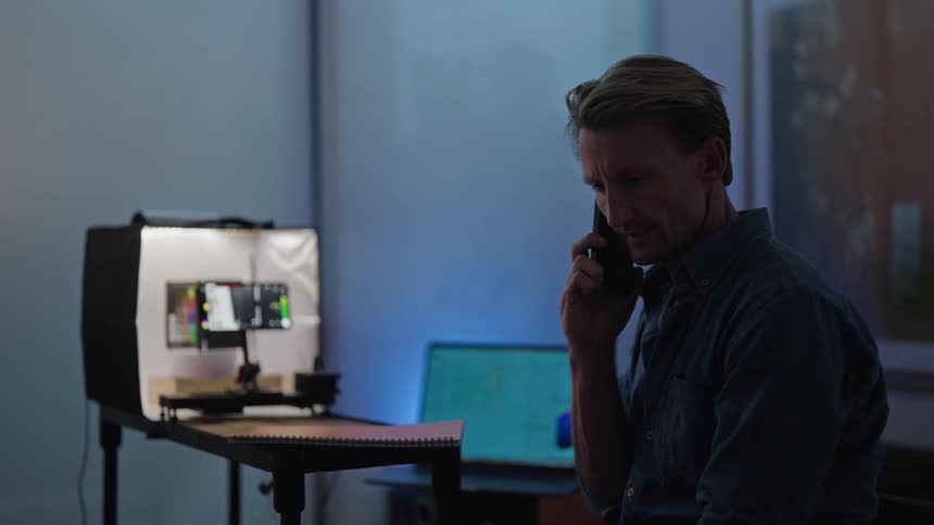 Blonde man with blue shirt and wristwatch talks on smartphone while looking at smartphone filming