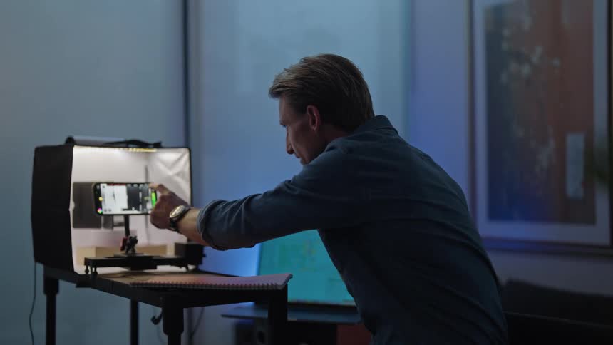 Blonde man with blue shirt and watch talks on phone looking at smartphone filming