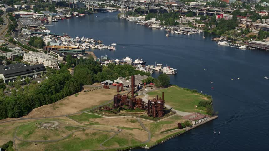 Aerial view of Gas Works Park and Lake Union in Wallingford Seattle with boats parked along the river