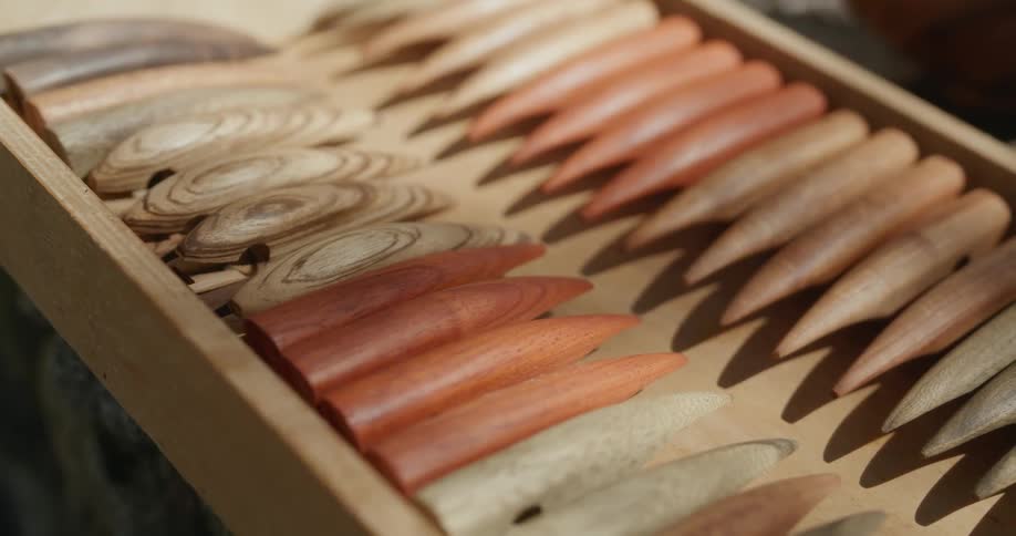 A view of wooden sculptures on a table