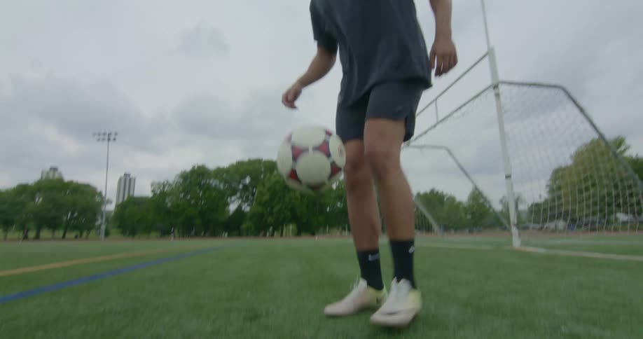A soccer player kicks a ball repeatedly from one foot to the other keeping it in the air