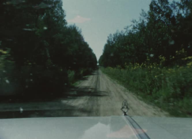 A vehicle travels along a dirt road through woodland during the day