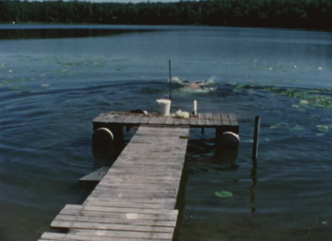 Father and son swim in water near dock