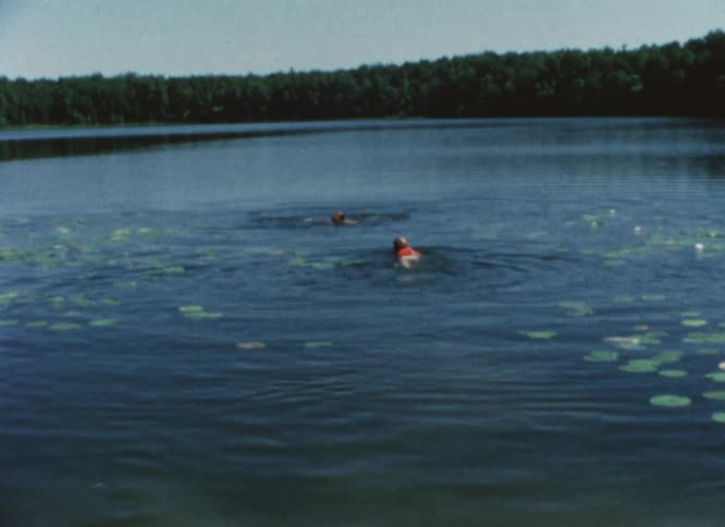 A father swims towards his child in a lake