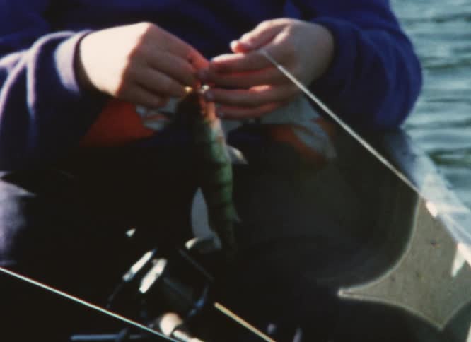 Boy sitting on a boat on a lake unhooks a fish from a line caught on vintage film