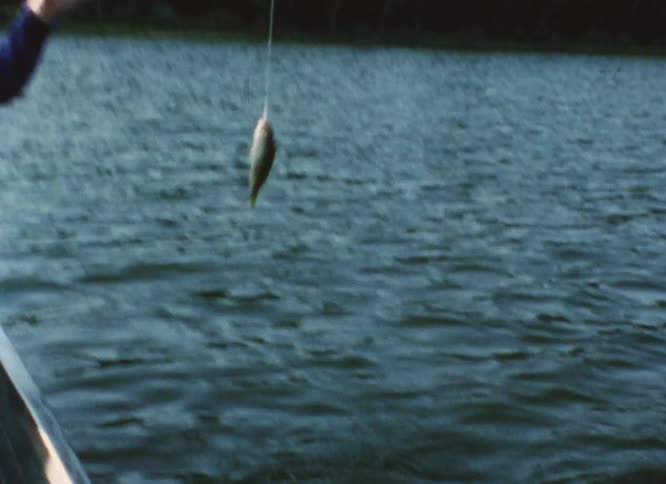 Boy sitting on a boat at a lake catches a fish with a fishing rod at morning