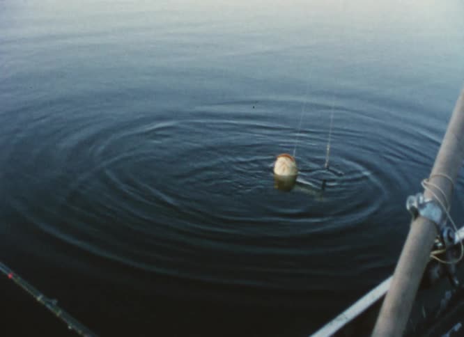 A fisherman in a small boat caught a fish on their line and is pulling it out of the water
