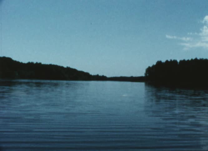 Ripples flow across water bordered by forest under a cloudy sky