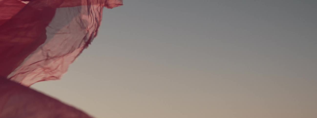 A hand holds a sheer pink veil as it waves in the wind