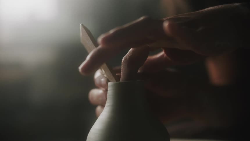 The view is of some one using pottery and playing with clay