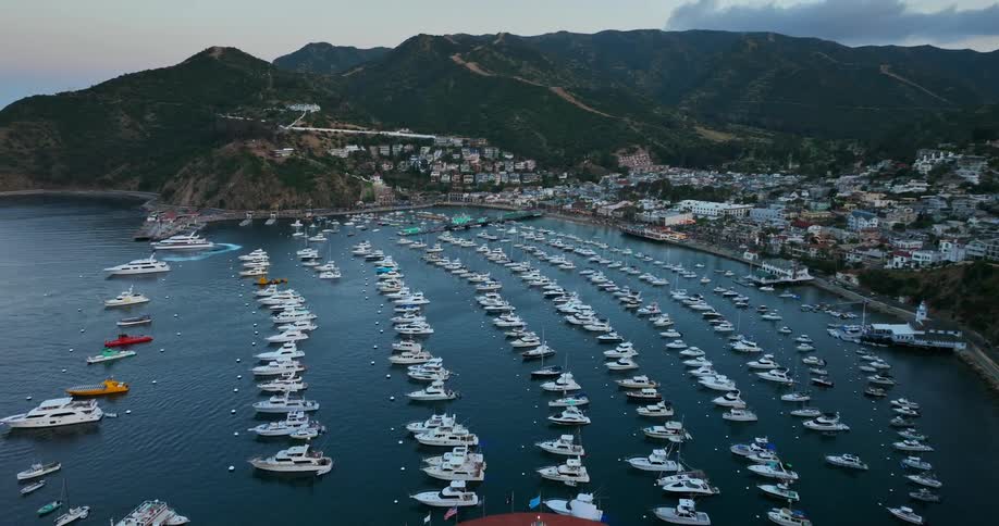 Dozens of boats sit parked off the coast