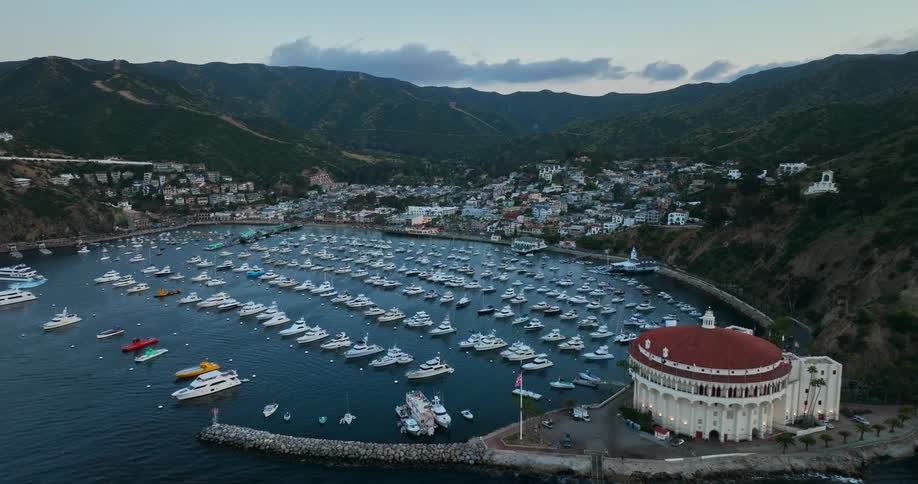 Aerial view of a harbor filled with boats is displayed