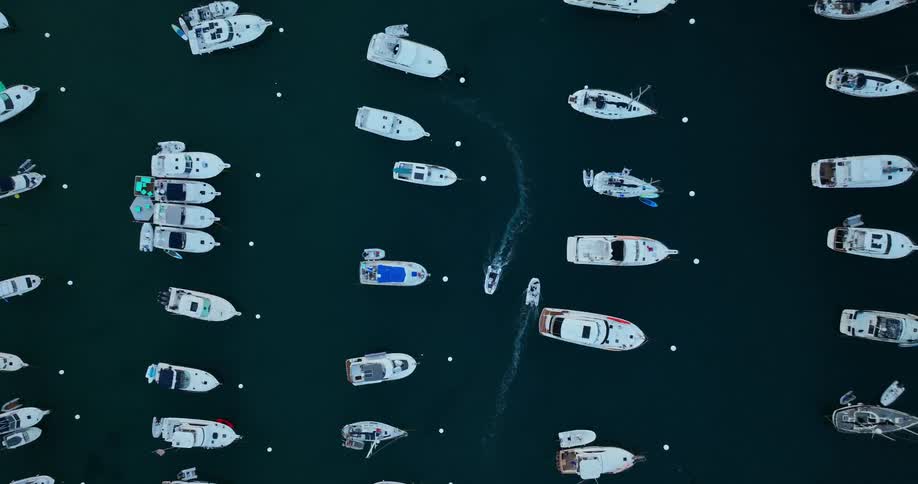 Two small boats sailing between many larger and docked boats