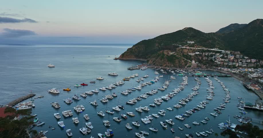 Dozens of boats are parked in a marina below a promontory