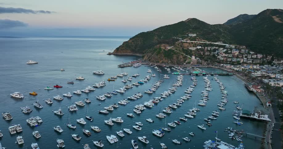 Aerial view of rows of boats moored on a bay in front of a coastal town at morning