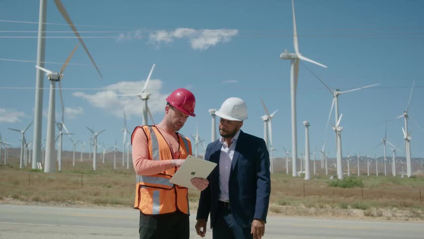 Two men discuss plans for the wind farm behind them