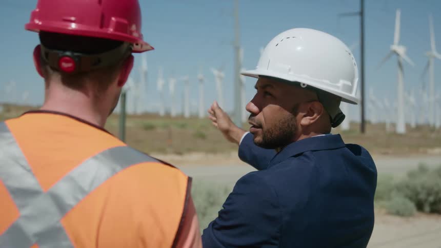 Engineers wearing white and red hard hat talk with each other in the wind farm