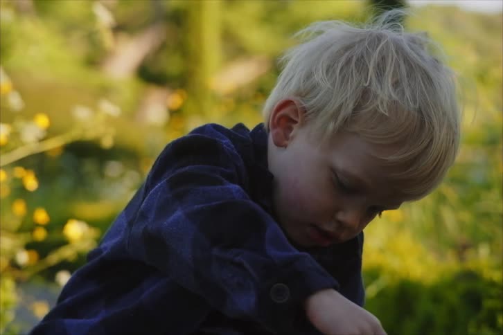 A boy moves a handful of dirt in his yard