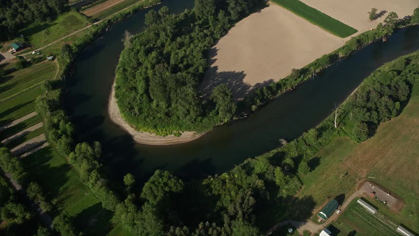 Bird's eye view tilt of the Snoqualmie River and farmland in Carnation Washington showcasing the natural beauty of the riverside agricultural landscape on a sunny day